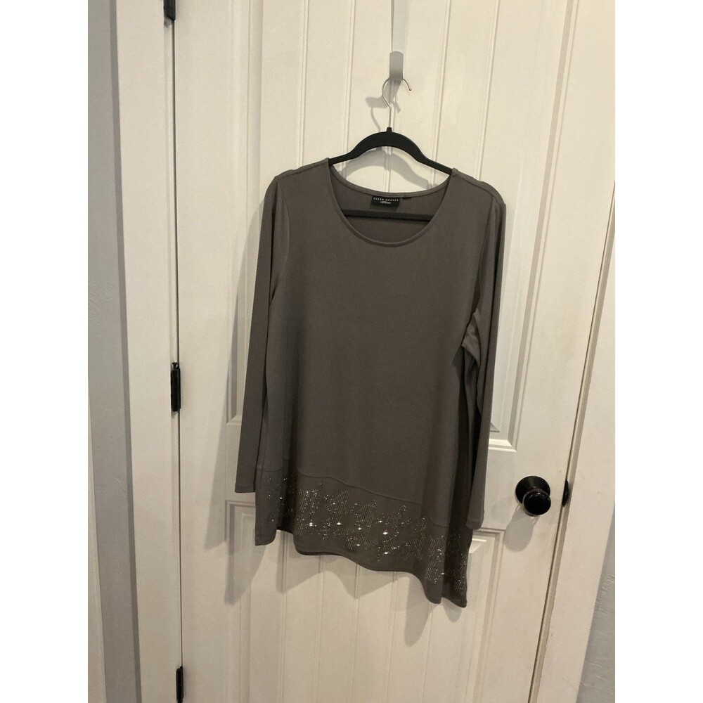 Susan Graver Artisan Tunic Fits XL Gray Rhinestone Asymmetrical Hem Long Sleeve